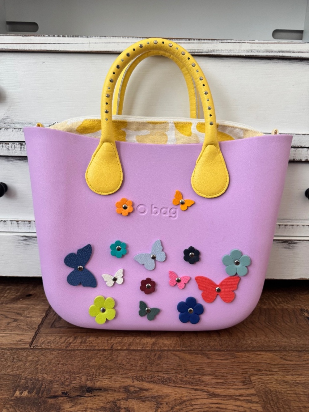O‎ Bag Mini Lavender Tote Purse Butterfly Canvas Inner Zip Pouch